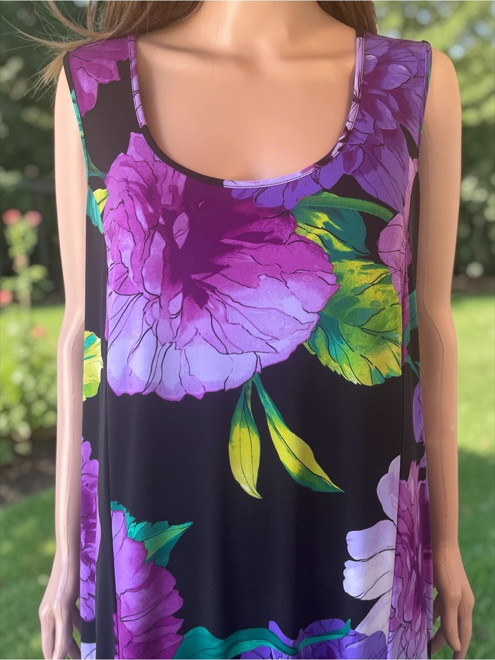 Susan Graver Black Purple Floral Stretch Maxi Tank Dress 2X - Picture 2 of 7